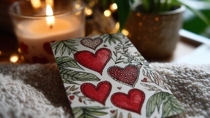 Valentine's day. valentine day in tropical concept greeting card with red heart illustration on cozy blanket near warm candle light and green plant creating romantic holiday mood