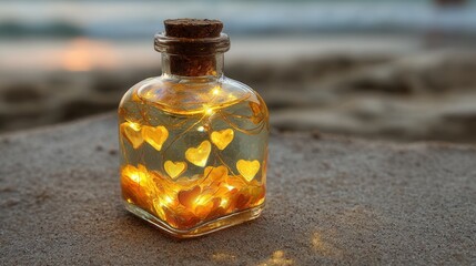 Valentine's day. valentine day in tropical concept romantic glass bottle on sand glowing heart light at beach sunset dreamy holiday love mood
