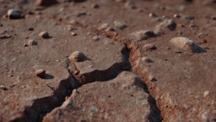 Close-up view of cracked, dry, reddish-brown earth.  Small rocks and pebbles are scattered across the surface