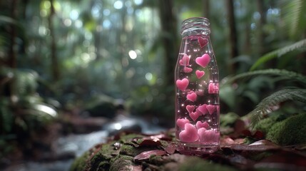 Valentine's day. valentine day in tropical concept magical pink heart bottle fantasy forest stream background romantic scene dreamy love nature glass container moss leaf