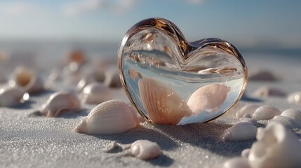 Valentine's day. valentine day in tropical concept romantic heart glass seashell reflection on sandy beach under soft sunrise light gentle ocean background for dreamy holiday love scene