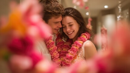Valentine's day. Romantic couple valentine day in tropical concept, smiling man and woman wear flower garland indoors, soft pink bokeh foreground frame create warm intimate celebration mood