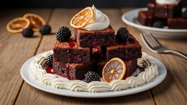 Stack of three rich chocolate brownies garnished with fresh blackberries, whipped cream, and dried orange slices, served on a white plate with piped cream border on a wooden table