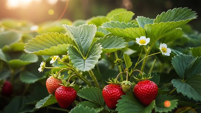 Fresh ripe strawberries growing on a lush green plant