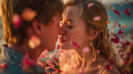 Valentine's day. romantic couple valentine day in tropical concept sunset kiss flower petal falling dreamy love emotion beach holiday