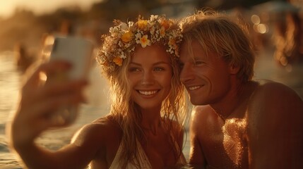 Valentine's day. valentine day in tropical concept beach couple selfie sunset ocean water romantic vacation warm light joyful smile flower crown summer holiday happiness love