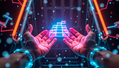 A futuristic scene of two holographic hands generating a vibrant, floating staircase posed of luminous geometric blocks, symbolizing progress and technological advancement