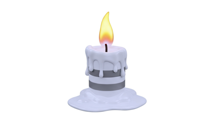 Melting striped candle with flame on white background