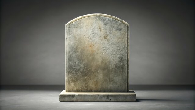 A blank tombstone with a subtle weathered texture and worn inscription lies on a simple solid grey background