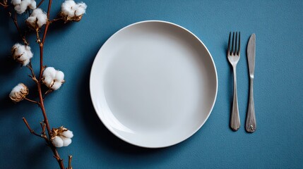 Clean Overhead Shot Of White Plate With Silverware And Cotton Branch On Textured Blue Surface Under Bright Indoor Lighting