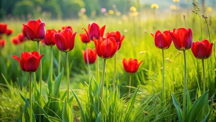 Fototapeta premium Vibrant red tulip flowers blooming on a lush green meadow with tall grasses and wildflowers surrounding them