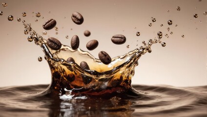 Coffee beans splashing into liquid