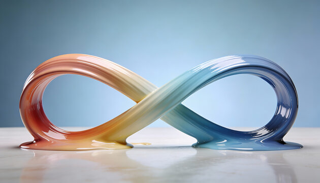 Glossy liquid infinity symbol with warm to cool gradient melting puddles minimalist 3d render concept of endless loop continuity flow creativity and abstract design