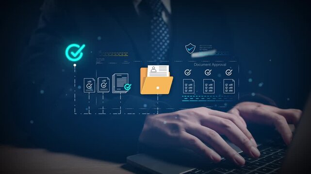 Hands typing on laptop with virtual document approval interface, representing secure digital workflow and paperless business automation system, and verified digital documents concepts.