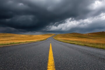 Dark Asphalt Road with Yellow Line Through Open Field Leading Towards Dark Overcast Sky in a Rural Landscape Scene