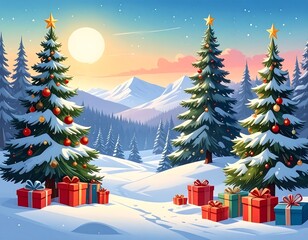 Animated winter landscape with decorated trees, gifts, snowy path, and mountain range under a glowing sun