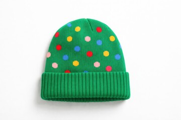 Dark green polka dot winter knit beanie hat with cozy texture