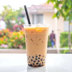 A refreshing drink with dark tapioca pearls and a black straw in a transparent cup against a blurred outdoor backdrop