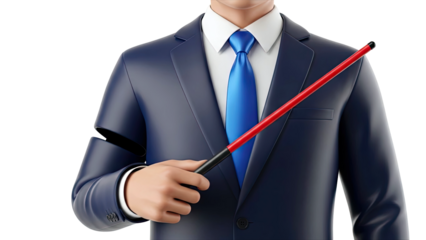 Businessman in blue suit holding a red pointer stick