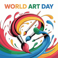 Celebrating world art day with vibrant paint splashes and artistic brushes