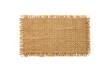Woven tan rectangular mat with frayed edges, showing a textured surface and a light color scheme, studio shot on white and transparent