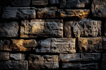 Dark Brick Wall Texture with Flecks of Gold and Silver Glitter in Shadowy Background and Rough Surface