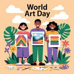 Celebrating world art day with diverse people and colorful artwork displays