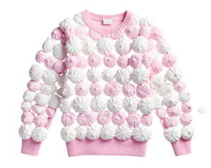 A soft pink and white sweater made of fluffy marshmallow treats. playful fusion conce 