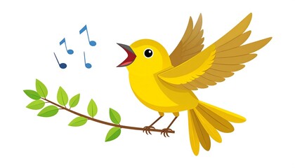 Animated yellow bird singing, perched on a branch with leaves, featuring musical notes