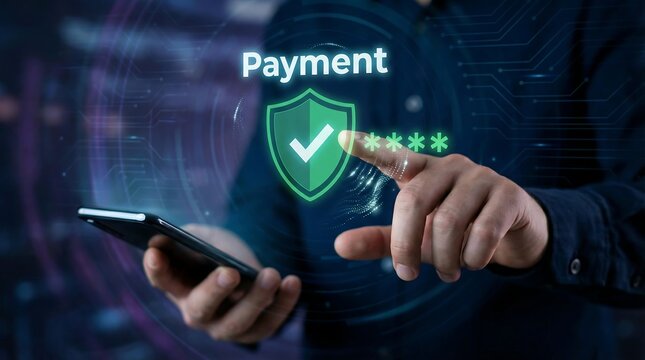 A person securely makes a mobile payment with a shield icon and checkmark, symbolizing a safe and protected financial transaction. - Powered by Adobe