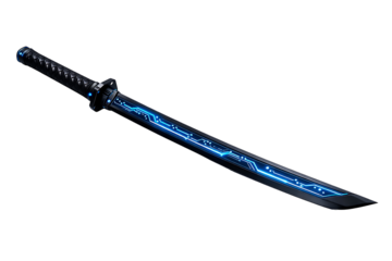 A blue and black katana style sword with a dark handle and a visible pattern on the blade is shown solid white background and no background