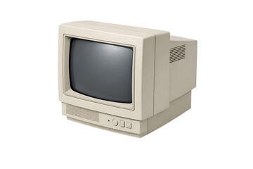 Old beige computer monitor with a dark screen and visible buttons on a white background png with transparency