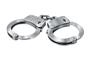 Metal handcuffs with a shiny appearance are lying on their side showing their circular shape and solid white background and no background