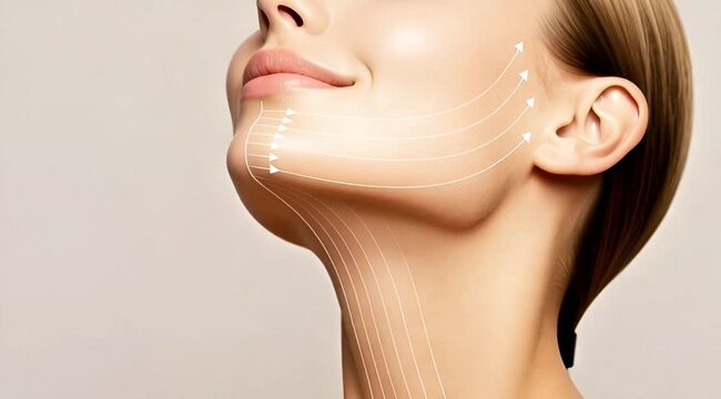 Facial & Neck Massage Mapping &ndash; Curved Drainage & Lift Lines on Profile for Sculpted Jawline & Anti-Aging Beauty