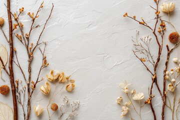 Elegant Autumnal Still Life with Brown Twigs Beige Leaves and Golden Spheres on Textured White Background