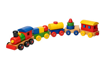 Fototapeta premium Colorful toy train with red, blue, green, yellow and orange cars connected together in a line on a white background object on white and png