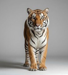 Obraz premium Medium shot of wild adult tiger looking at the camera on a gray studio background
