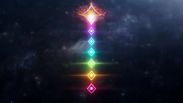 Seven chakras activating in rising order merging into a single beam shooting upward to cosmos