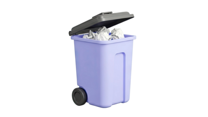 Lilac Trash Can with Crumpled Paper and Open Lid