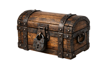 A brown wooden chest with dark metal accents and a lock is displayed against a plain ready for compositing on white and transparent background