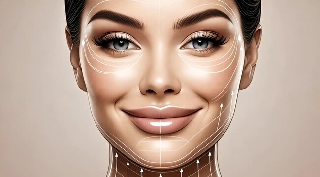 Golden Ratio Facial Mapping &ndash; Perfect Symmetry Points & Harmony Lines on Radiant Smile Portrait