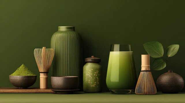 Matcha Tea Ritual: A serene tableau features a variety of traditional matcha tools, elegantly arranged beside a vibrant glass of the matcha drink.