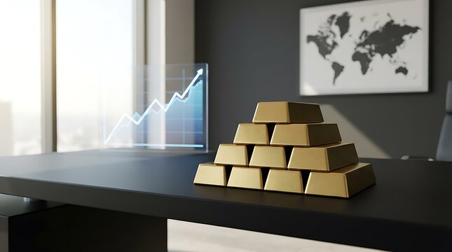 A pyramid of gold bars on a black desk in a modern office with a world map on the wall and a financial graph on a computer screen - Powered by Adobe