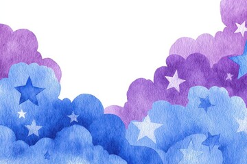 Fantasy Skyscape with Purple and Blue Cloud Formations Adorned with White Stars and White Background