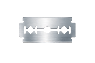 A single double-edged razor blade, silver and metallic, with a repeating geometric isolated on a neutral background with png background