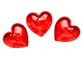 Three red shattered hearts isolated on transparent background