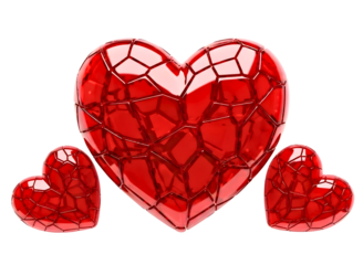 Three red shattered hearts isolated on transparent background