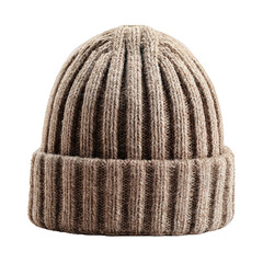Classic Brown Ribbed Knit Beanie Hat Isolated on Transparent Background