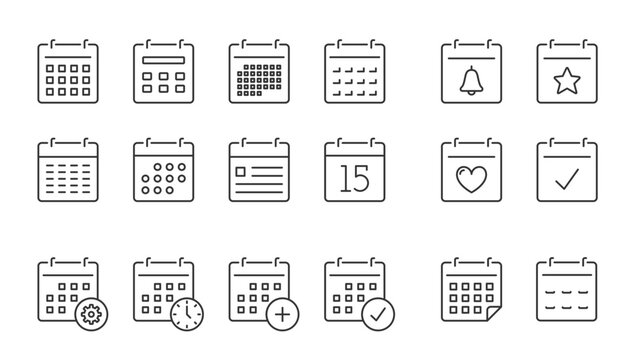 Set of minimalist calendar icons in outline style, showing different dates, reminders, events, and scheduling actions