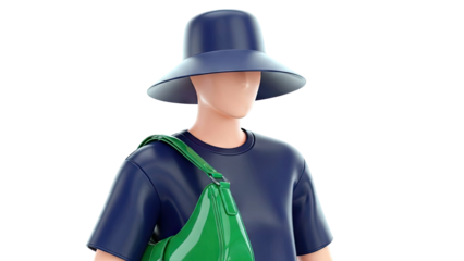 3D Render of a mannequin wearing a wide-brimmed hat and a green handbag